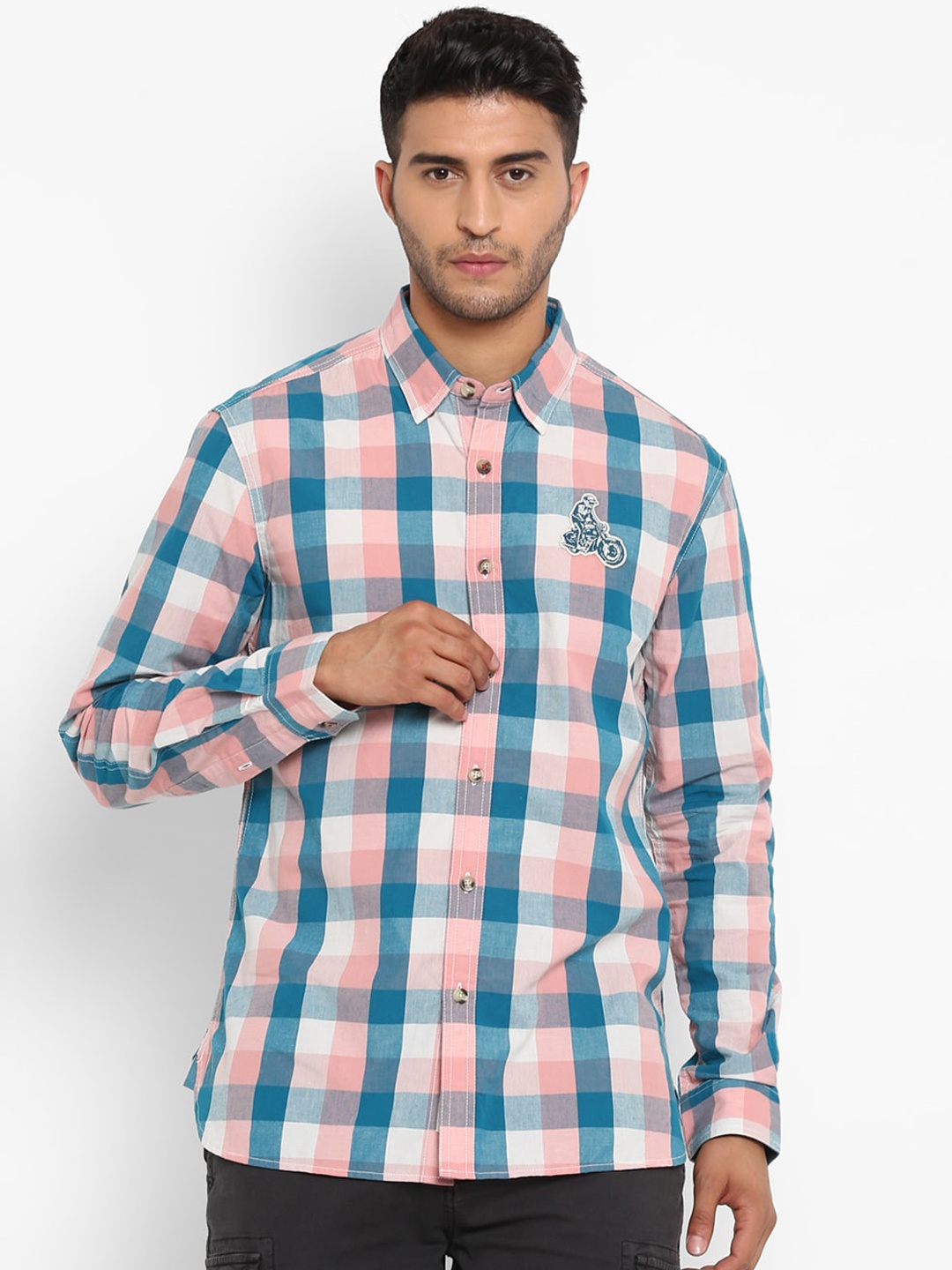 

Royal Enfield Men Peach-Coloured Opaque Checked Casual Shirt