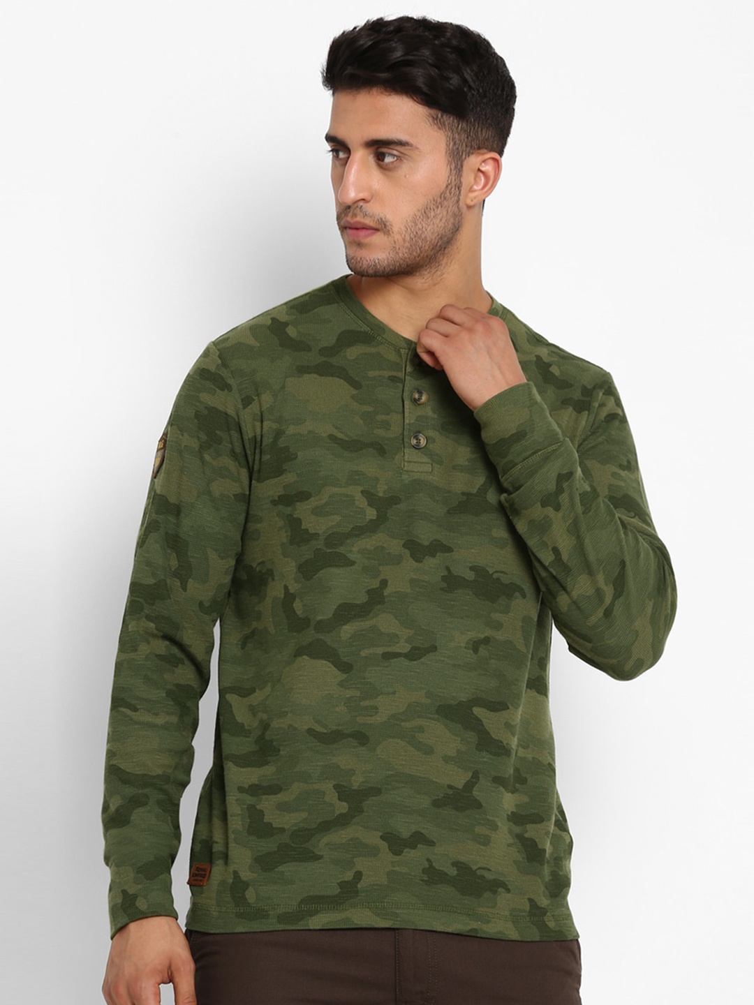 

Royal Enfield Men Olive Green Camouflage Printed Henley Neck T-shirt