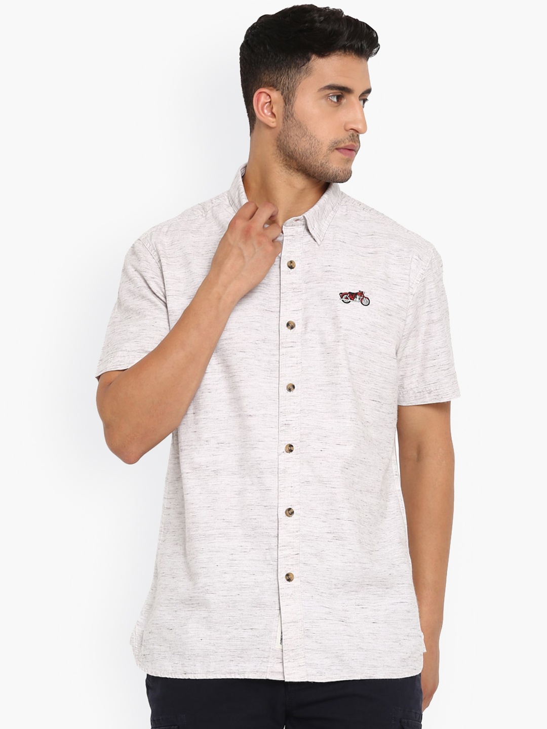 

Royal Enfield Men White Opaque Printed Casual Shirt, Off white