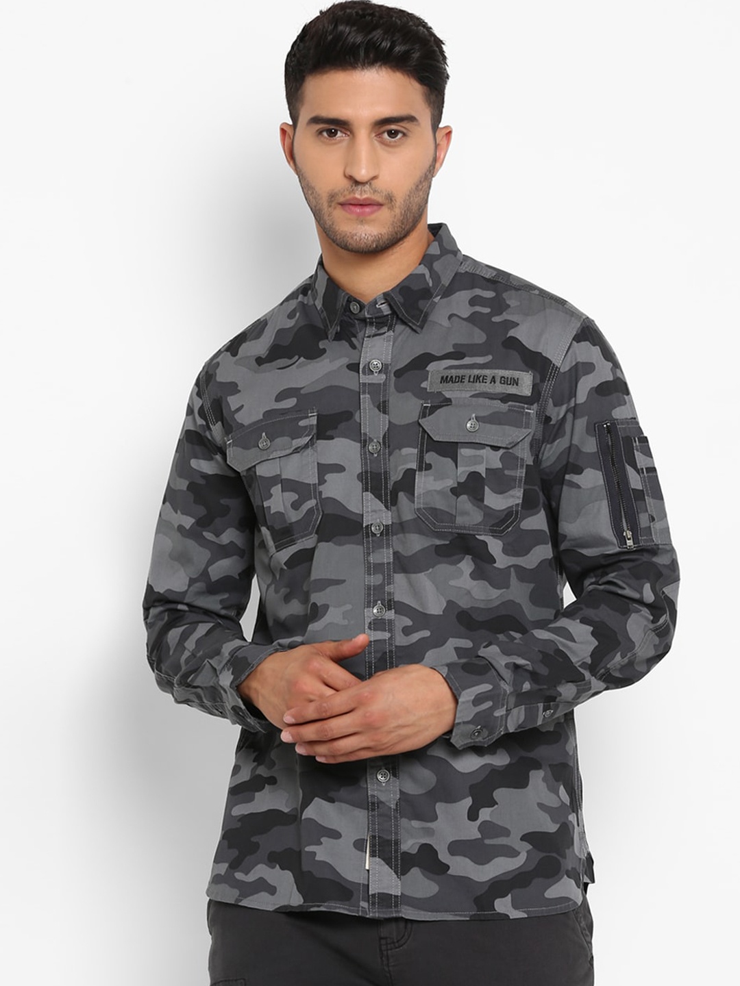 

Royal Enfield Men Grey Opaque Camouflage Printed Casual Shirt