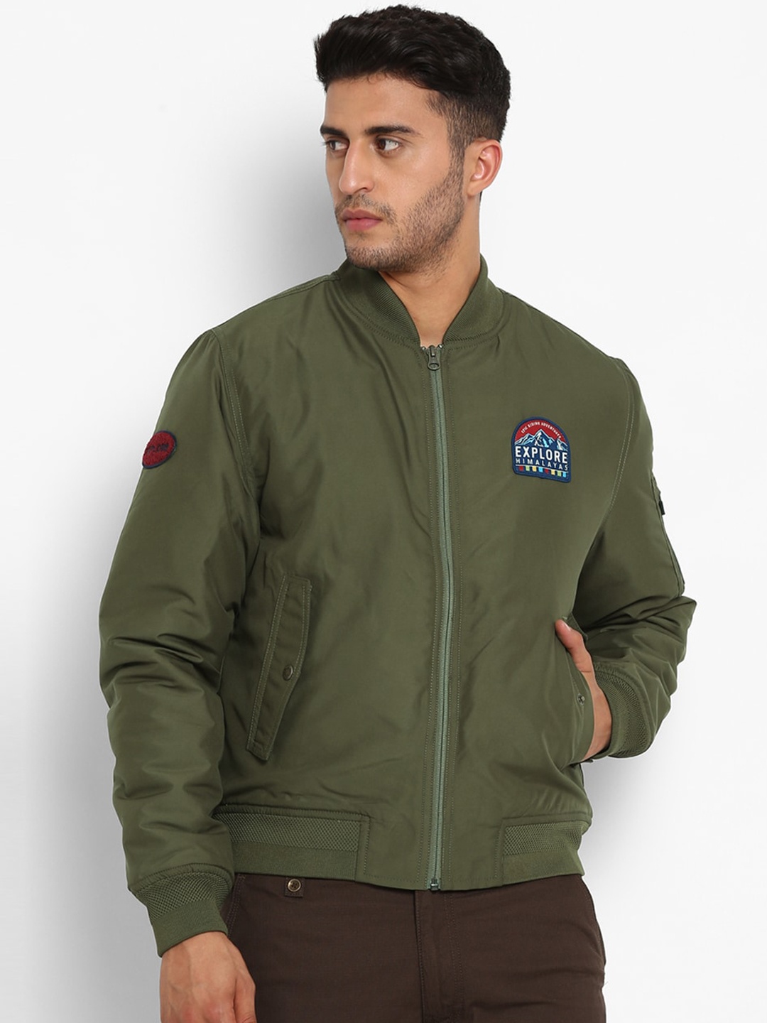 

Royal Enfield Men Olive Green Bomber Jacket with Patchwork