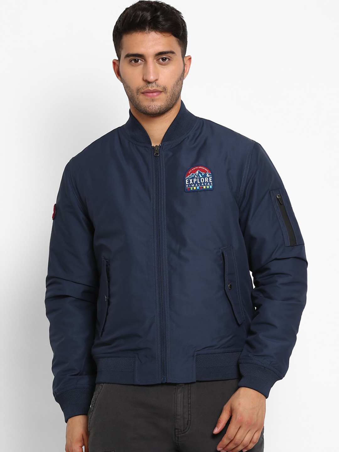 

Royal Enfield Men Blue Bomber Jacket with Patchwork