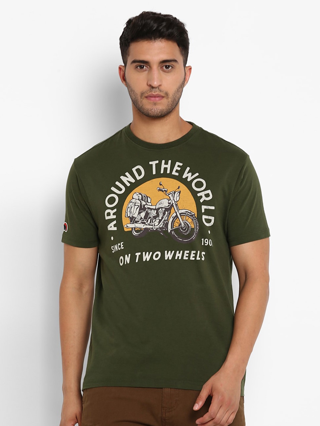 

Royal Enfield Men Olive Green & Yellow Biker Printed T-shirt