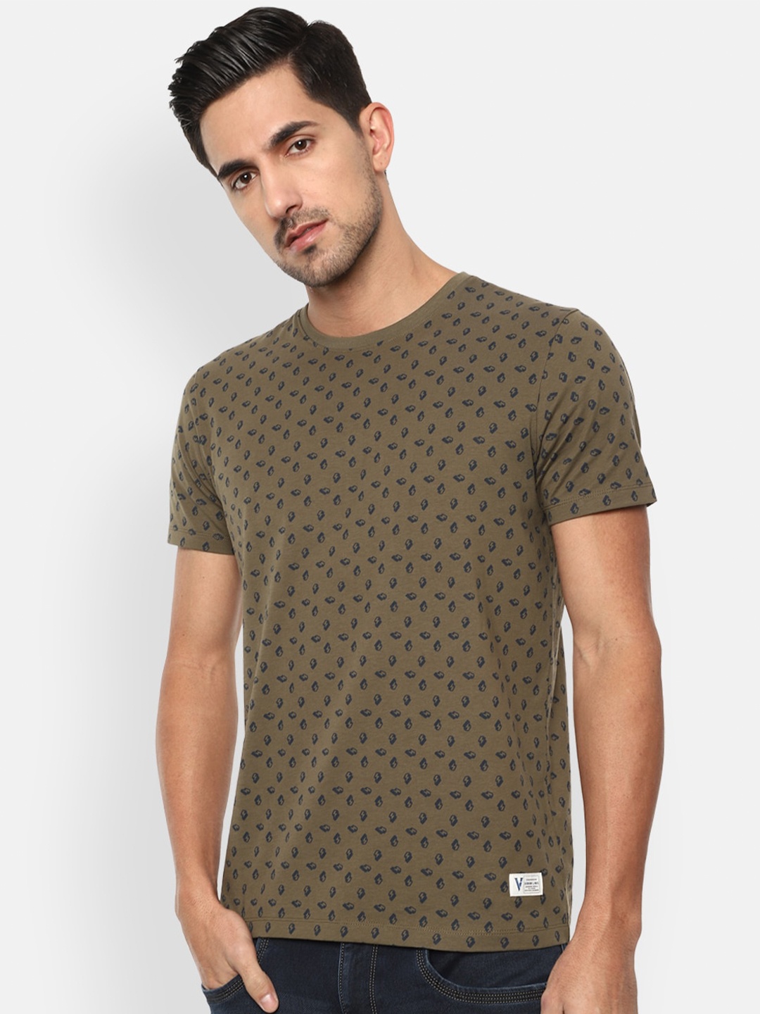

VAN HEUSEN DENIM LABS Men Olive Green & Blue Printed T-shirt