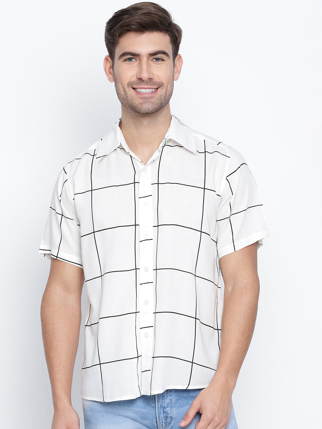 

Oxolloxo Men White Windowpane Checked Casual Shirt