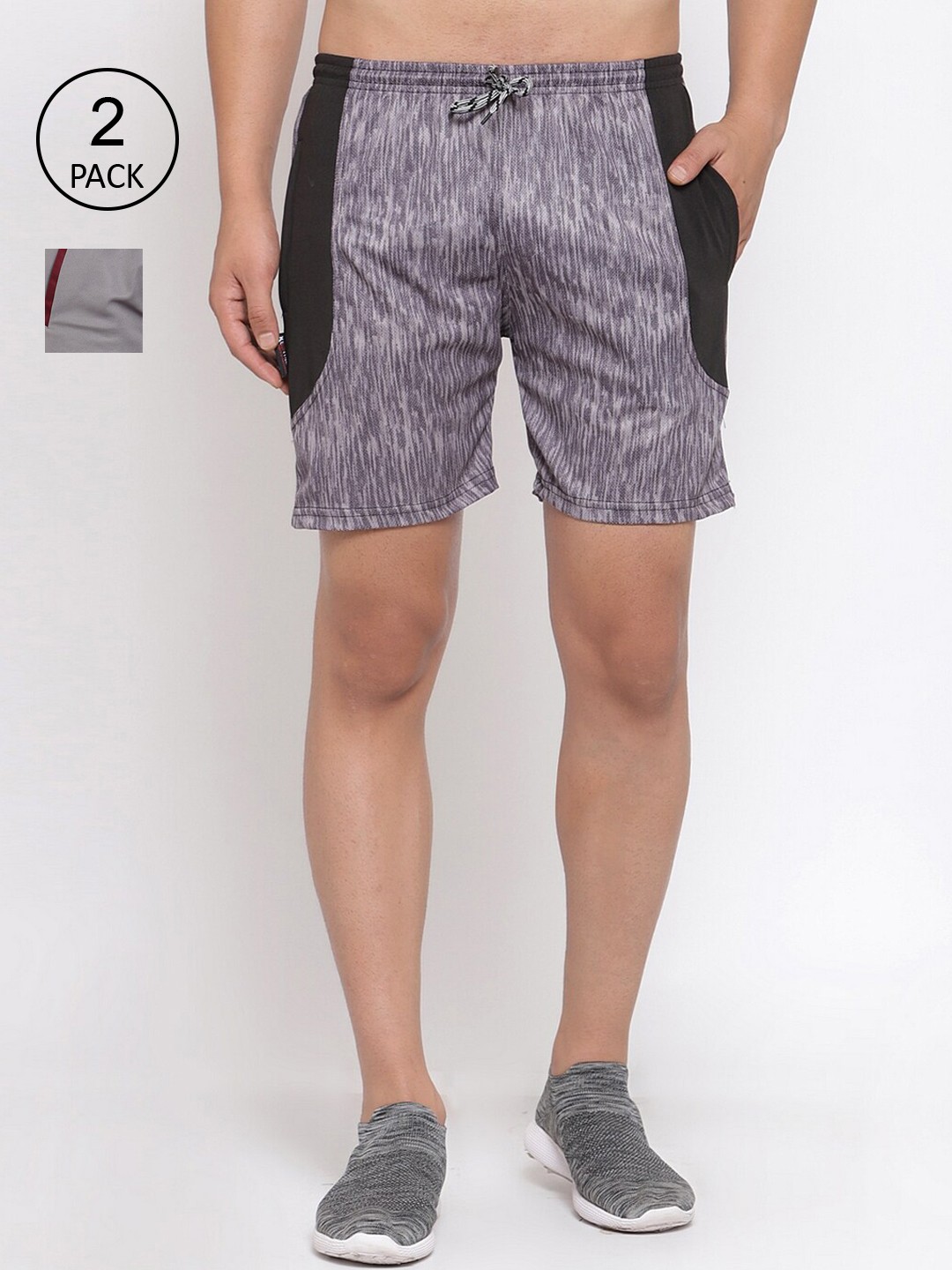 

KLOTTHE Men Pack Of 2 Multicoloured Striped Sports Shorts, Grey