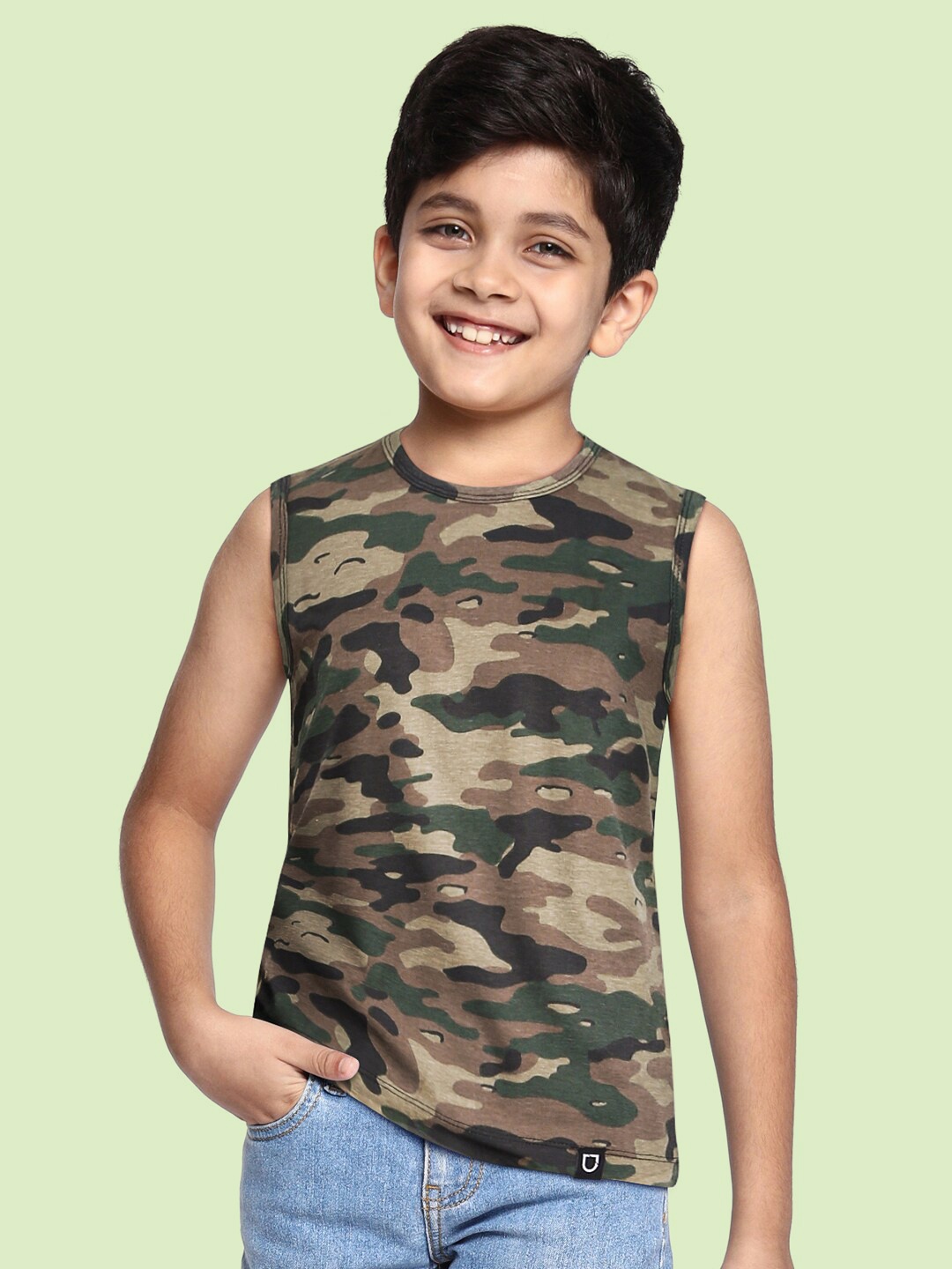 

Urbano Juniors Boys Green Brown Camouflage Printed Training or Gym Pure Cotton T-shirt