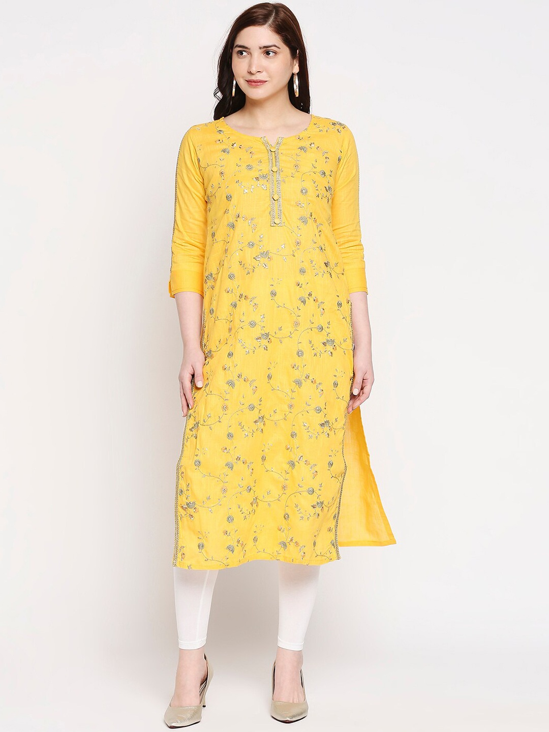 

INDYES Women Yellow & Gold-Toned Floral Embroidered Thread Work Kurta