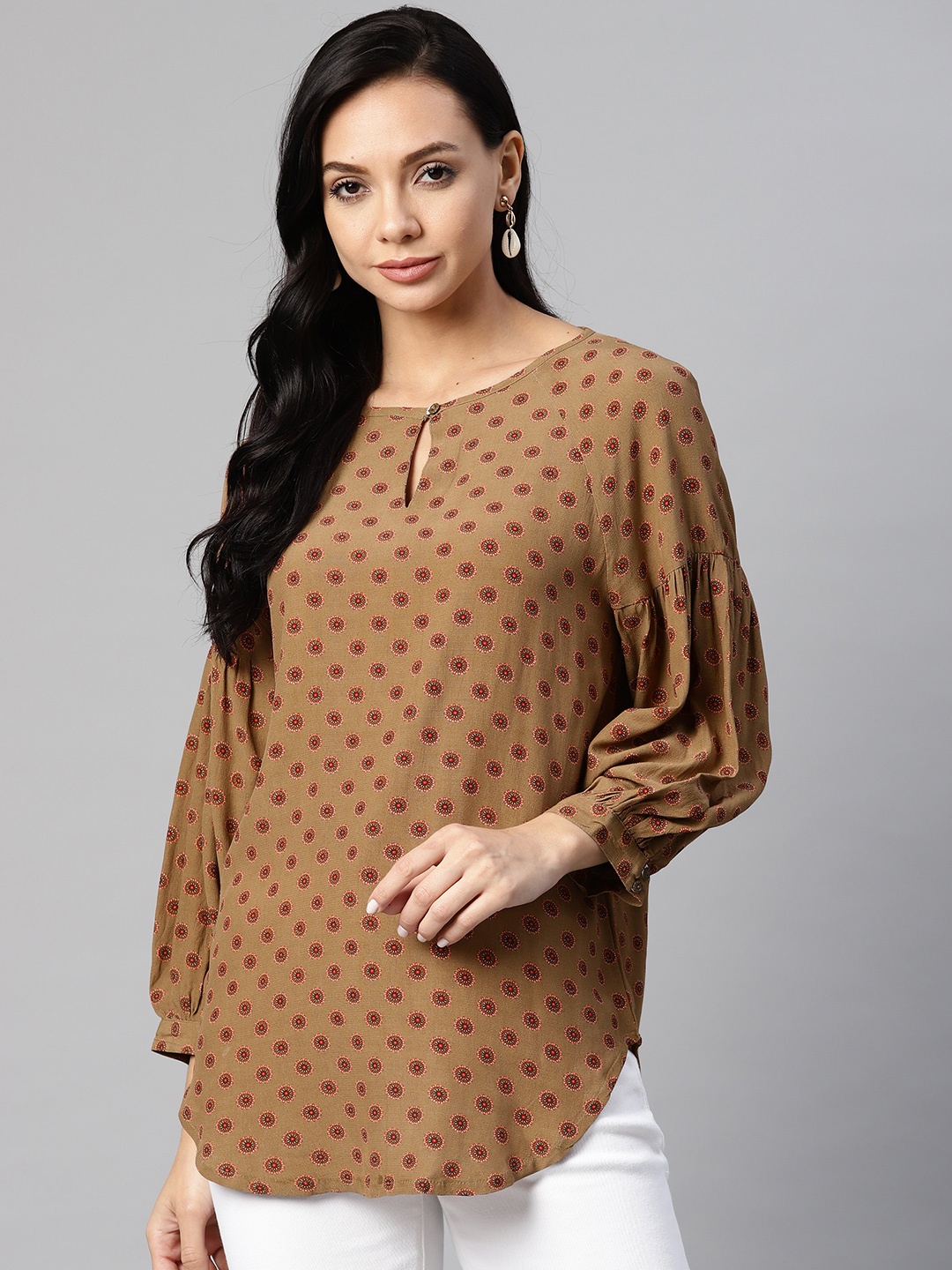 

Marks & Spencer Brown & Orange Geometric Keyhole Neck Regular Top