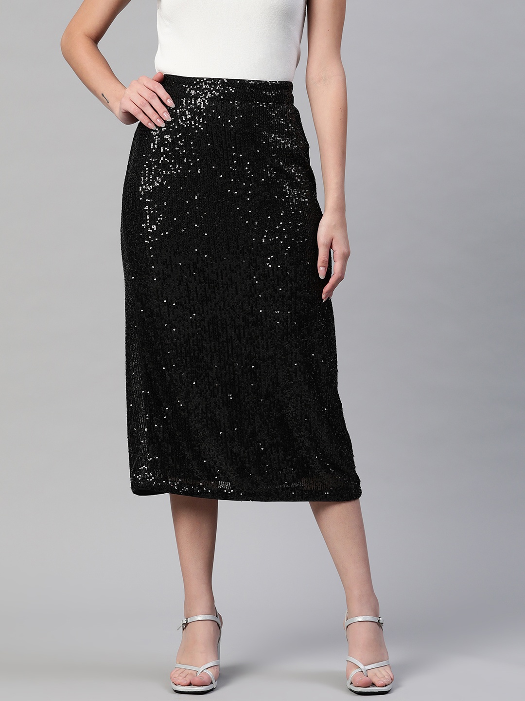 

Marks & Spencer Women Black Sequinned A-Line Skirt with Back Slit