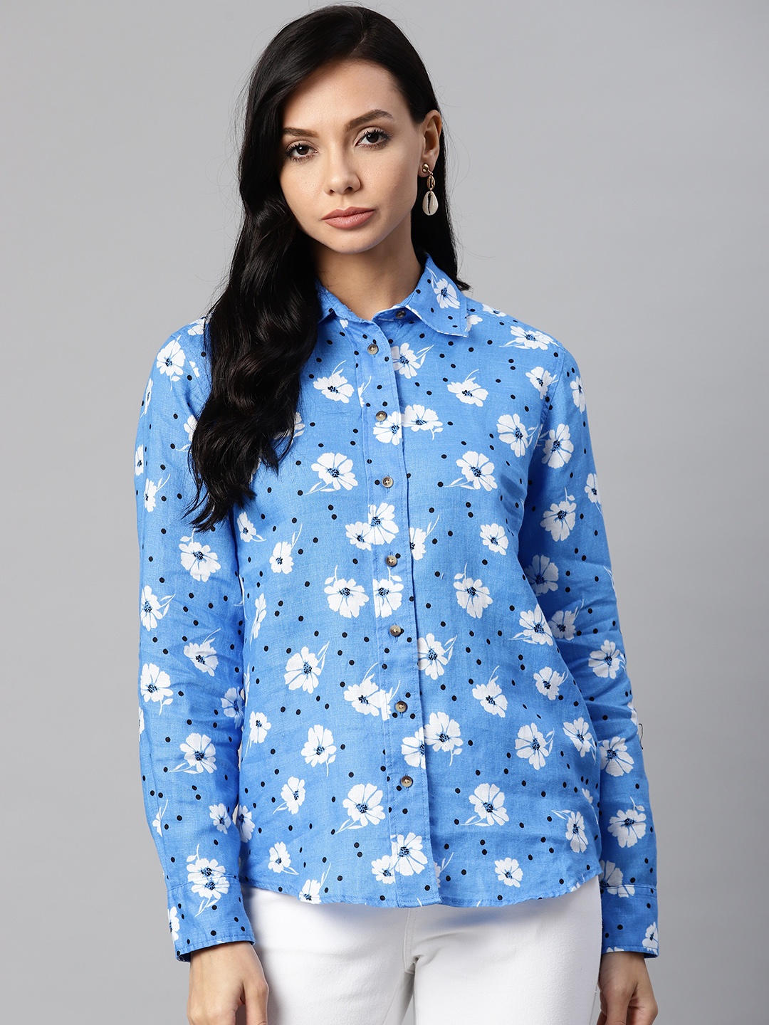 

Marks & Spencer Women Blue Linen Floral Opaque Printed Casual Shirt