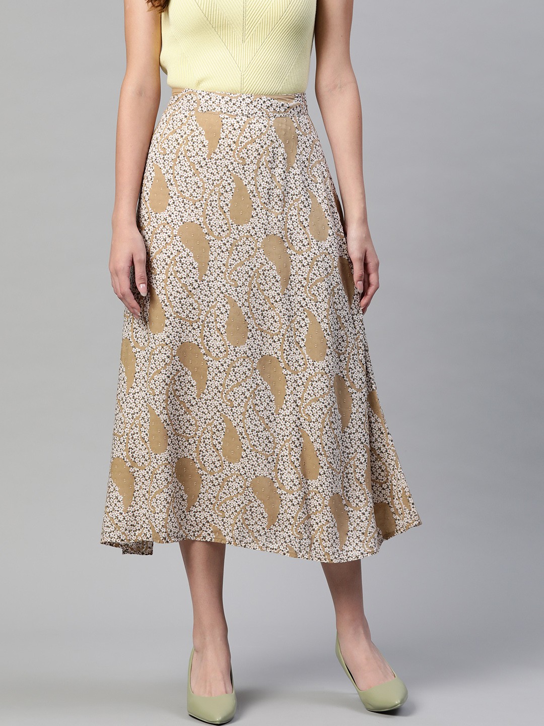 

Marks & Spencer Women Beige & White Ethnic Print A-Line Midi Skirt