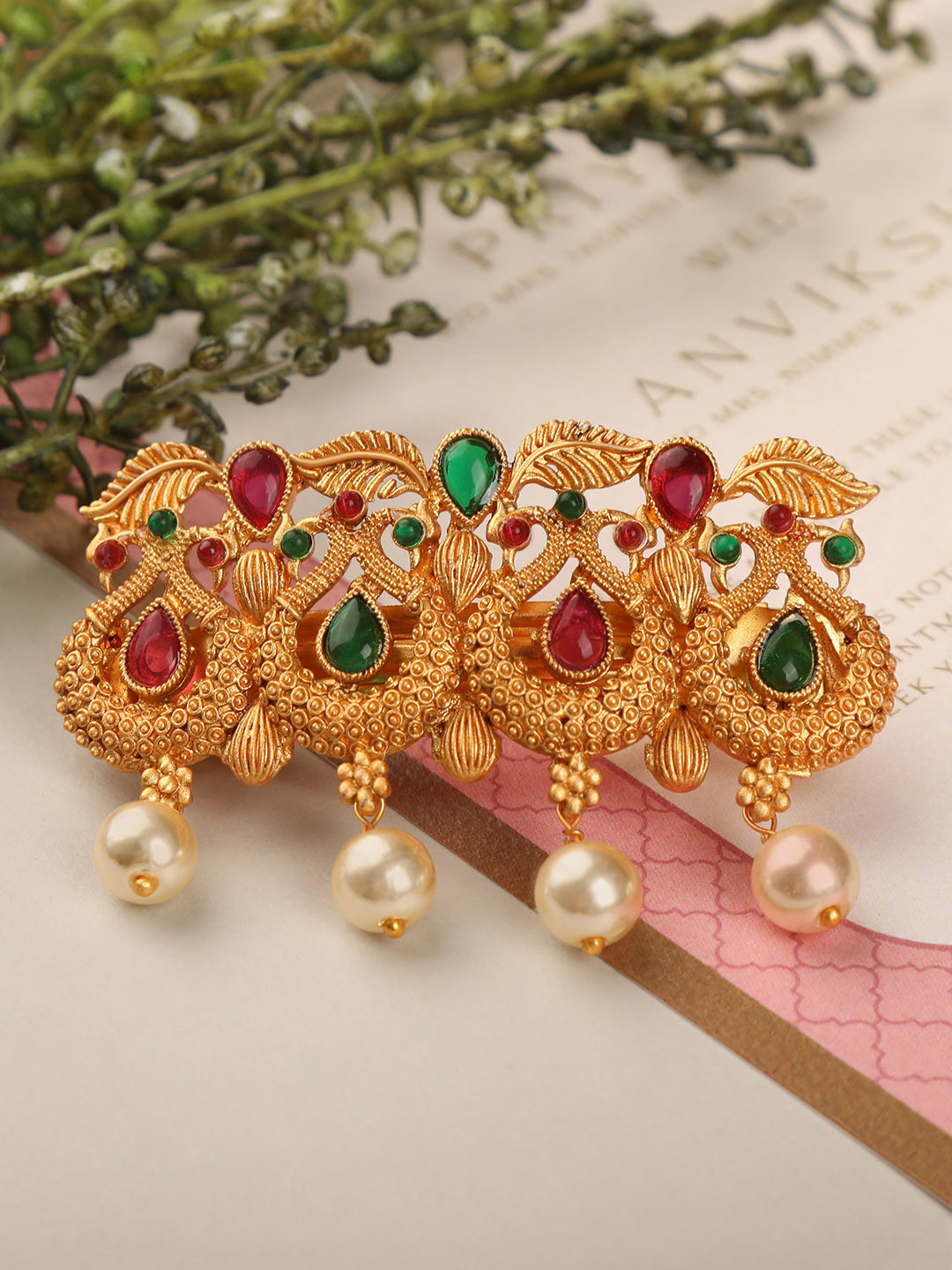 

AccessHer Women Gold-Toned & Green Embellished French Barrette