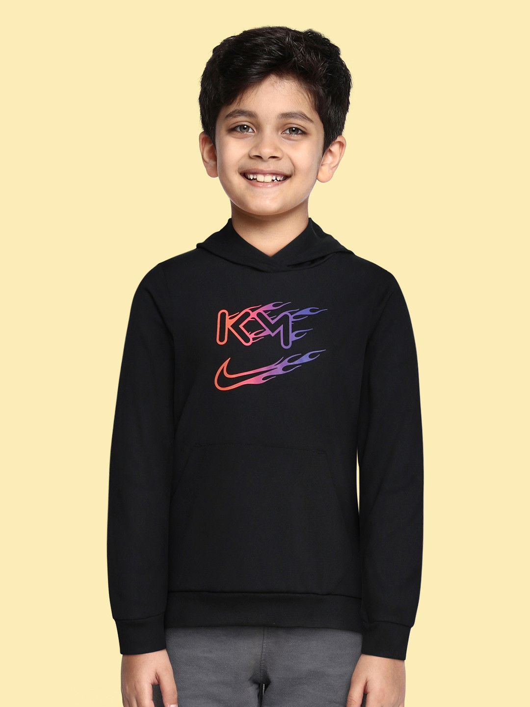 

Nike Kids Unisex Dri-FIT Black Brand Logo Printed KM Y HDIE PO Hooded Sweatshirt