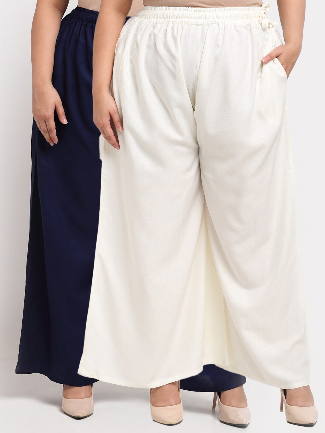 

TAG 7 PLUS Women Pack of 2 Off White & Navy Blue 2 Ethnic Palazzos