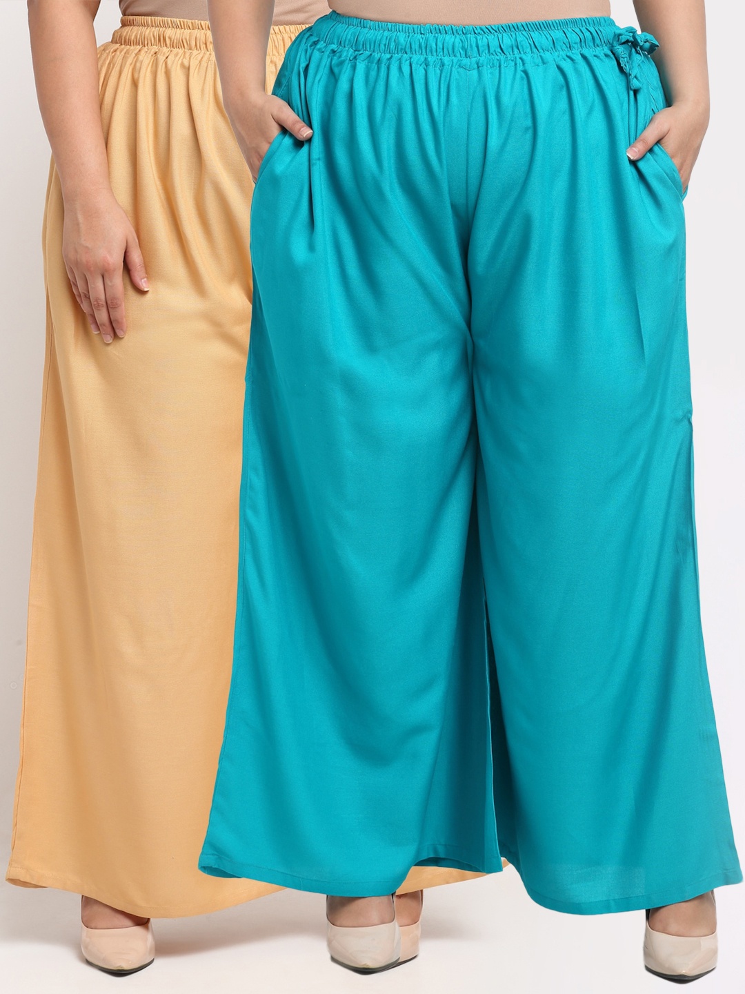 

TAG 7 PLUS Women Pack Of 2 Beige & Turquoise Blue Flared Ethnic Palazzos