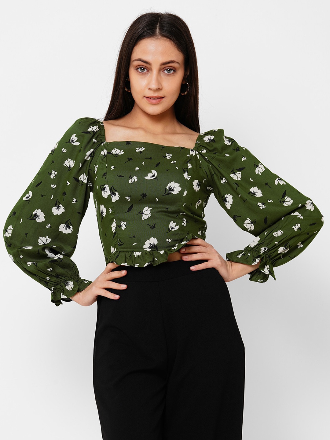 

20Dresses Woman Green Floral Ruffled Top