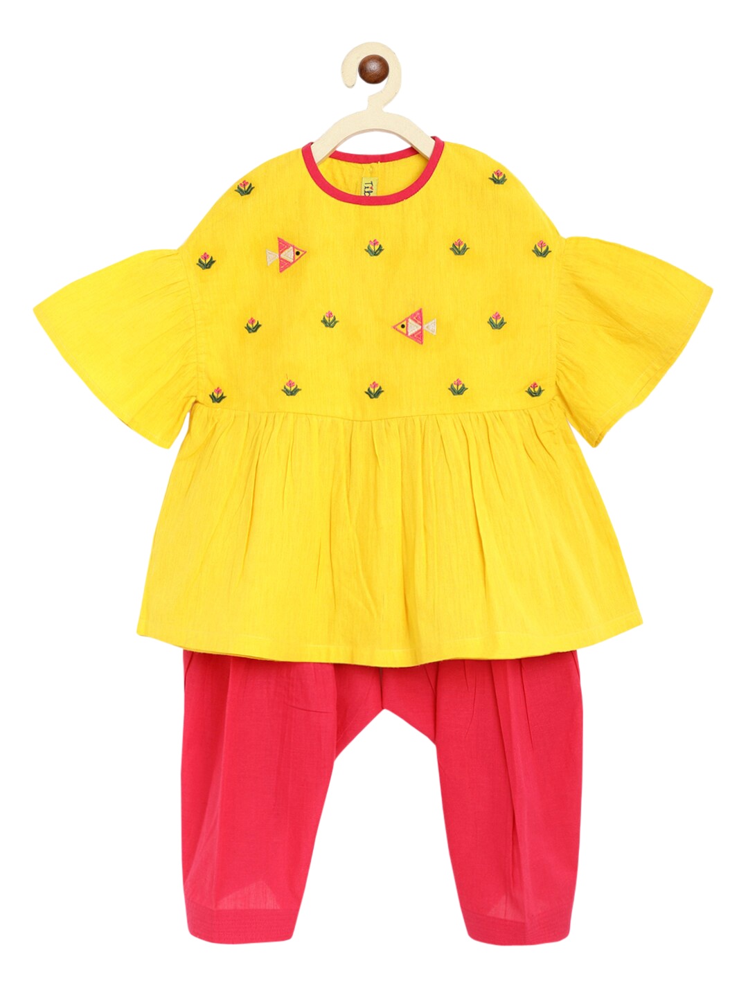 

Tiber Taber Girls Yellow Floral Pleated Pure Cotton Top with Dhoti Pants