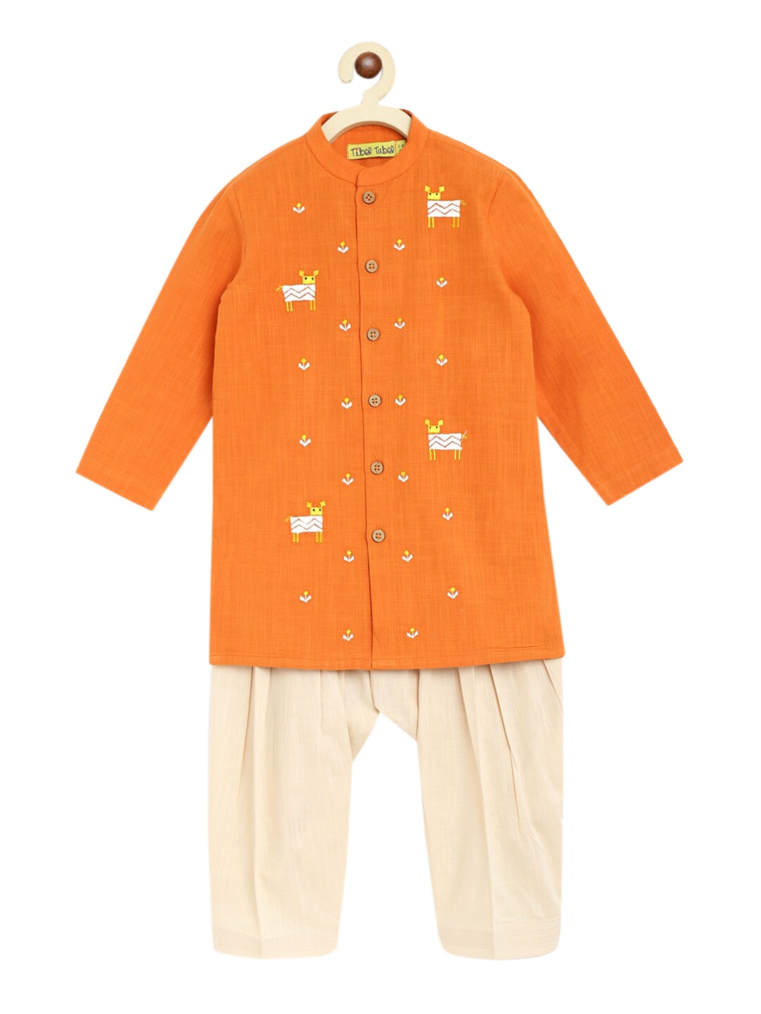 

Tiber Taber Boys Orange Phulkari Deer Embroidered Pure Cotton Kurta with Dhoti Pants