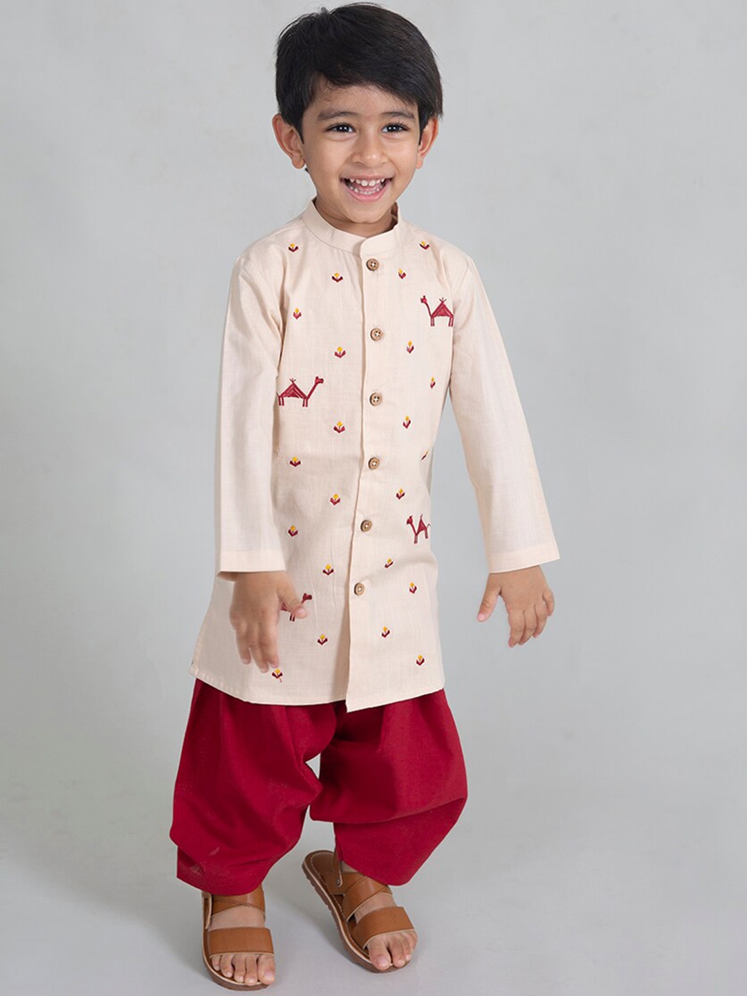 

Tiber Taber Boys Beige Embroidered Angrakha Thread Work Pure Cotton Kurta with Patiala