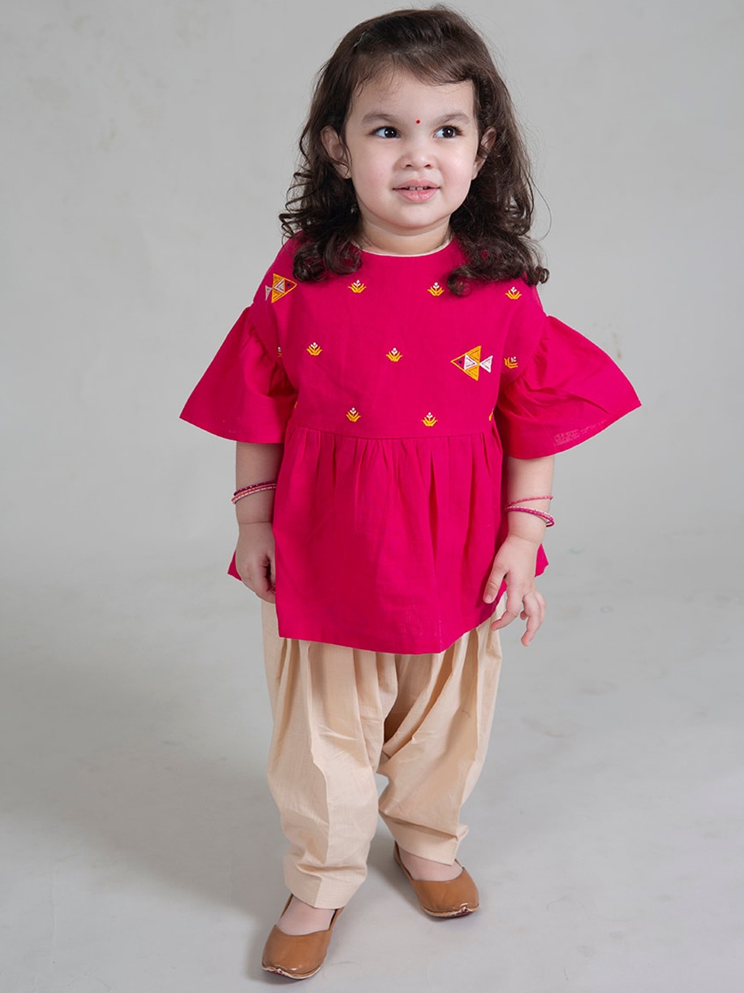 

Tiber Taber Girls Pink Embroidered Regular Pure Cotton Kurti with Dhoti Pants