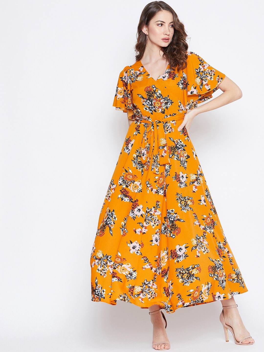 

Berrylush Mustard & White Floral Printed Crepe Maxi Fit & Flare Dress With Tie-Ups