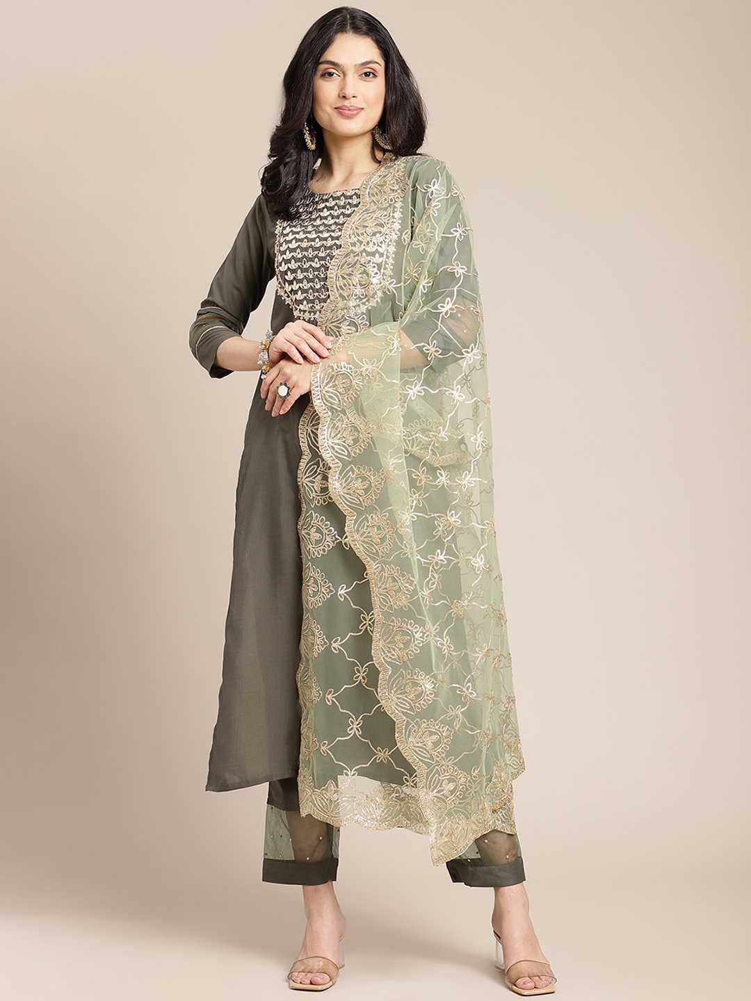 

Varanga Women Olive Green Embellished Kurta & Trousers with Dupatta