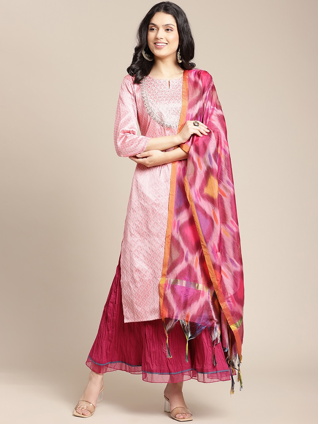 

Varanga Women Peach-Coloured & Pink Embroidered Kurta & Palazzo With Dupatta
