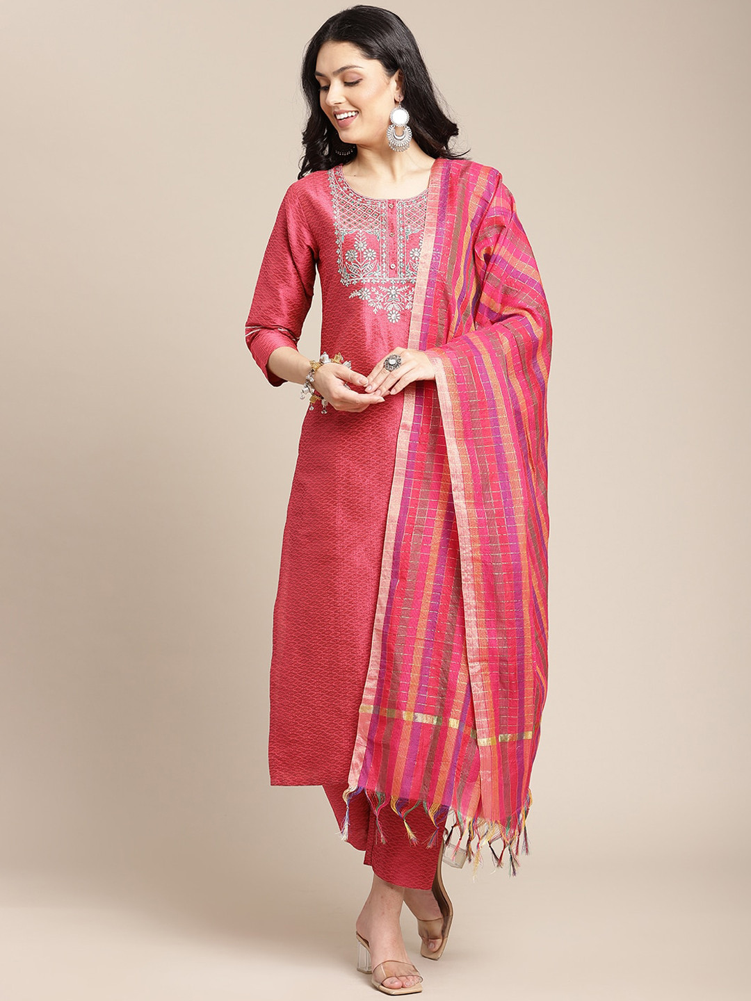 

Varanga Women Pink Woven Designed & Embroidered Kurta & Trousers With Dupatta