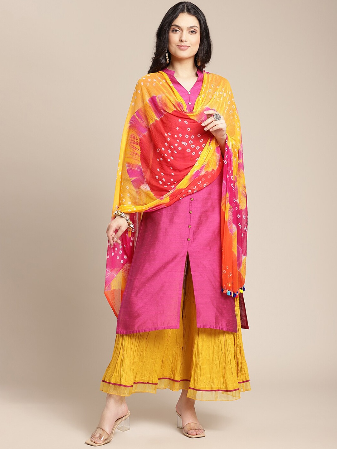 

Varanga Women Fuchsia & Yellow Straight Kurta & Palazzo With Dupatta