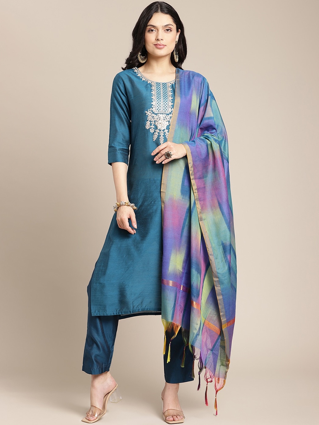 

Varanga Women Teal Woven Designed & Embroidered Kurta & Trousers With Dupatta