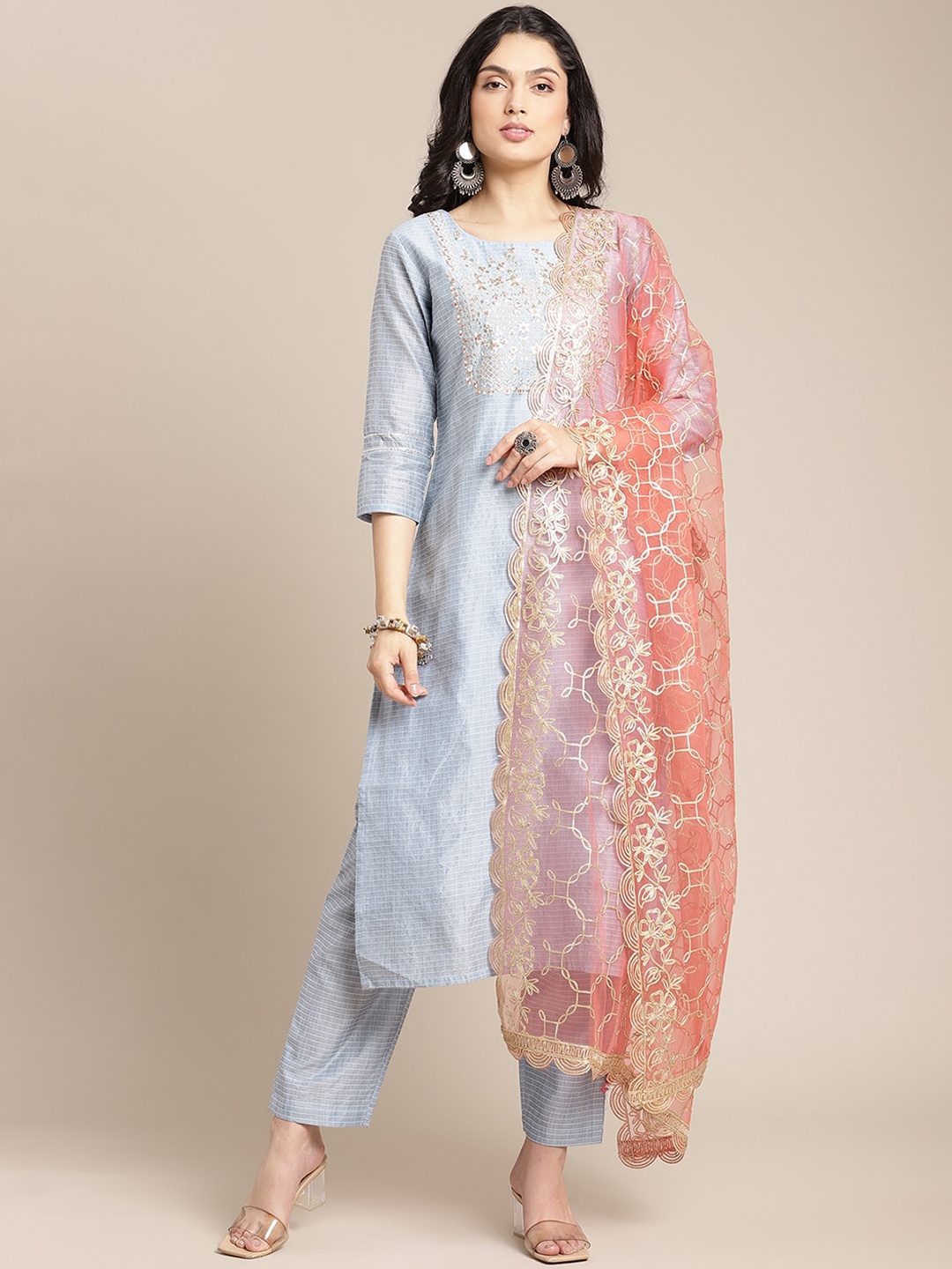 

Varanga Women Blue Embellished Kurta & Trousers with Dupatta