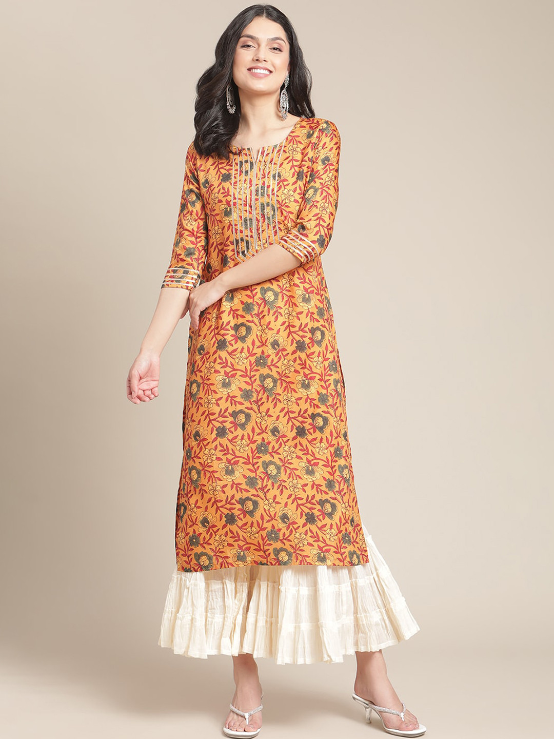 

Varanga Women Mustard Yellow & Red Floral Printed Thread Work Kurta