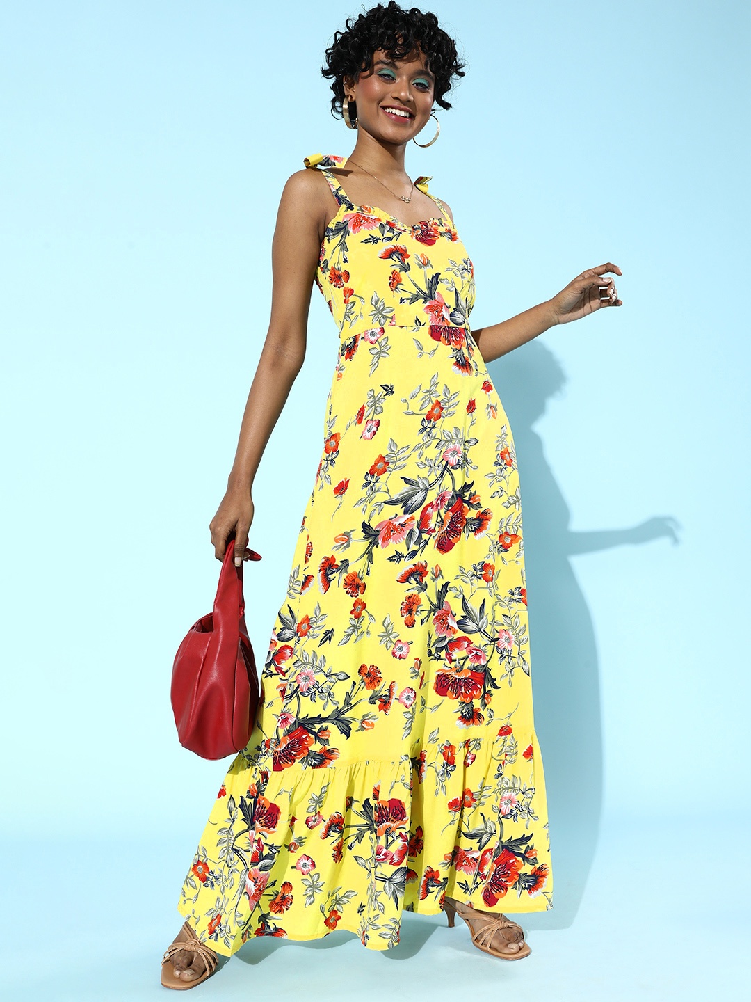 

PURYS Women Bright Yellow Floral Sweetheart Neck Dress