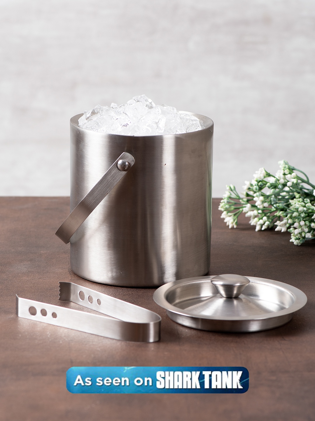 

nestroots Silver-Toned Stainless Steel Ice Bucket With Tongs