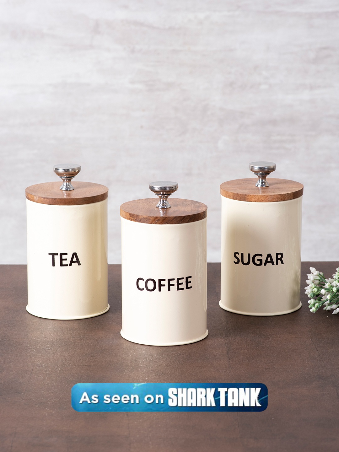 

nestroots Set Of 3 White & Brown Printed Wooden Storage Jar with Lid