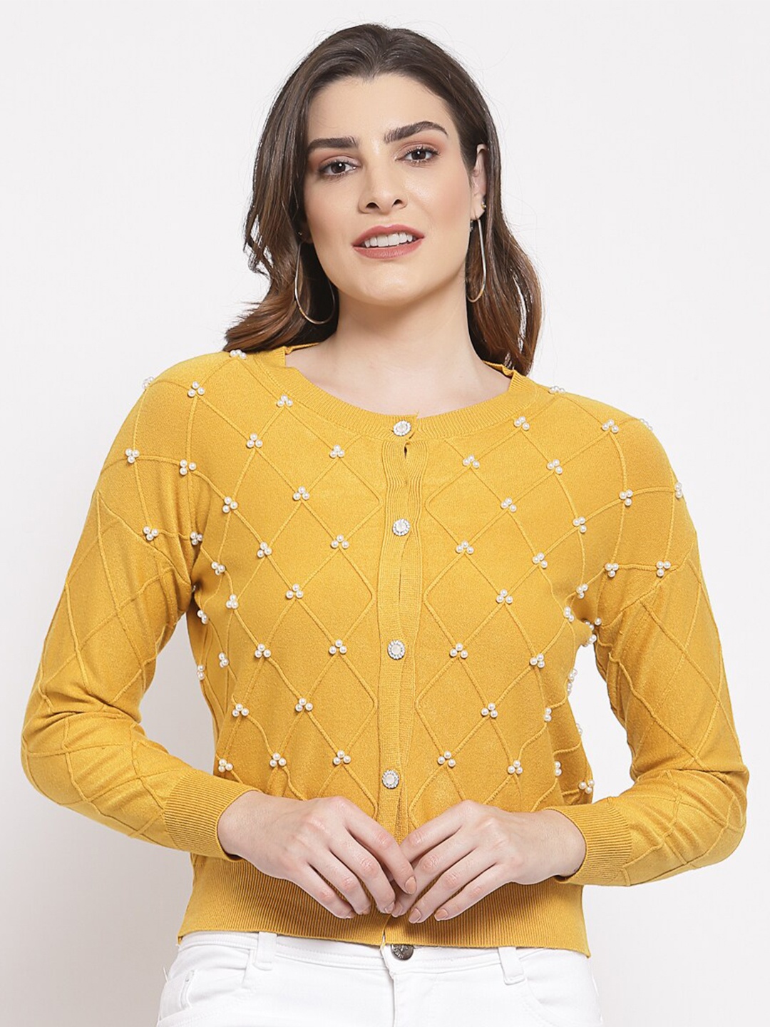 

Mafadeny Women Mustard Yellow & White Cardigan with Embellished Detail