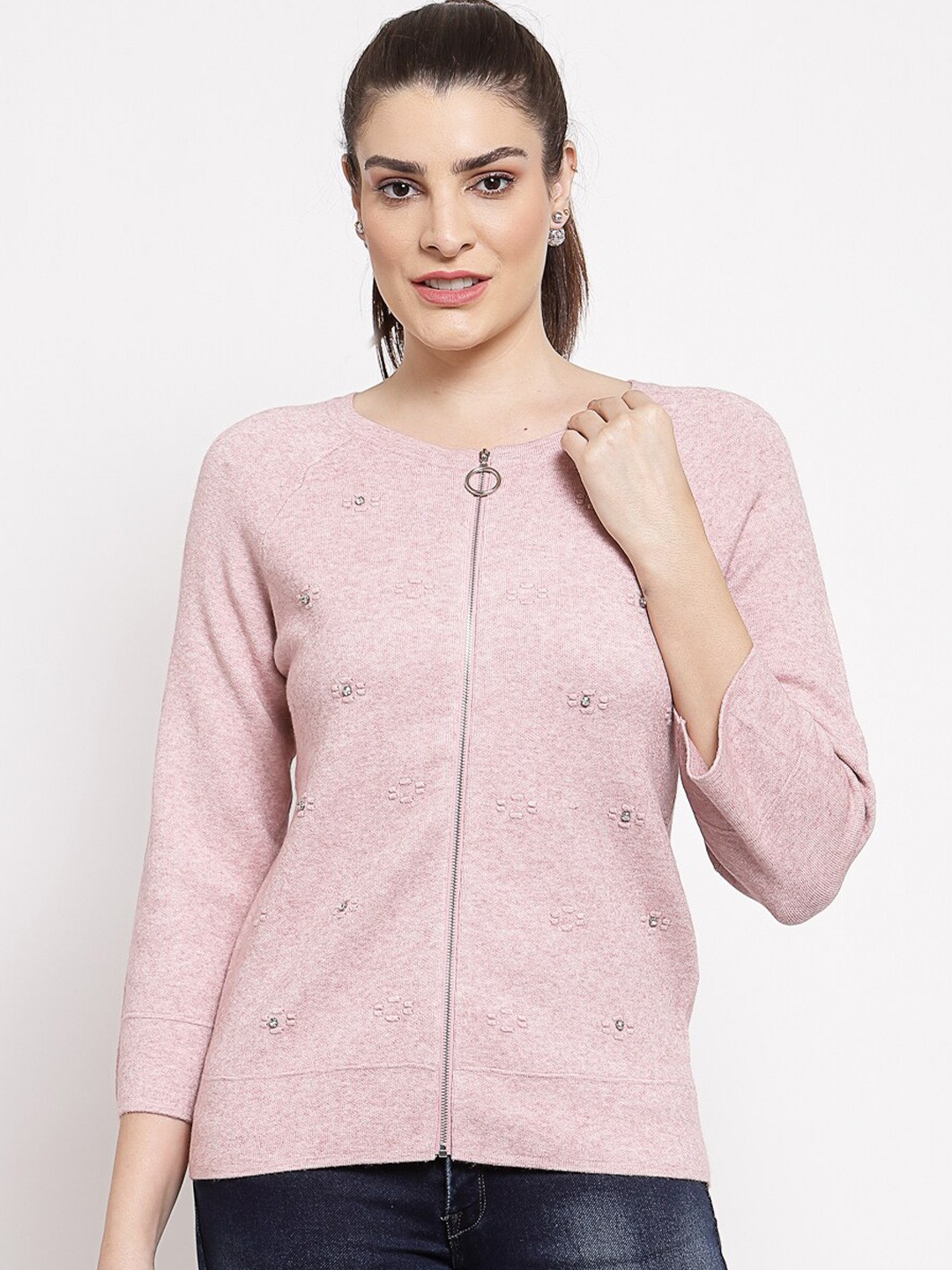 

Mafadeny Women Peach-Coloured Embellished Cardigan Sweater