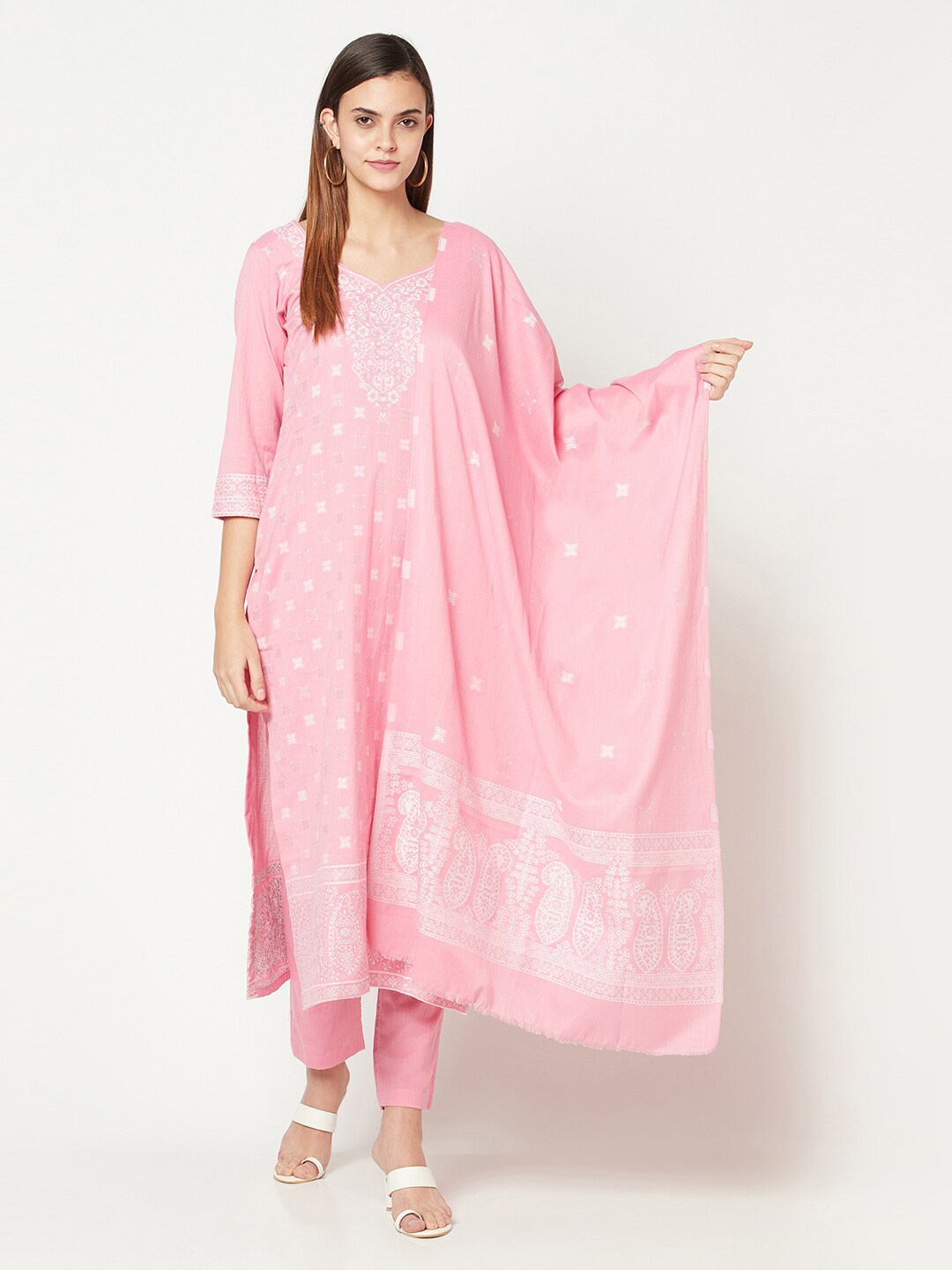 

Safaa Pink & White Unstitched Dress Material