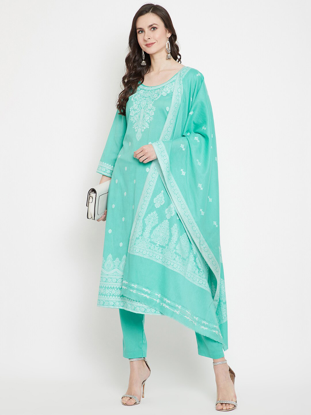 

Safaa Sea Green & White Unstitched Dress Material