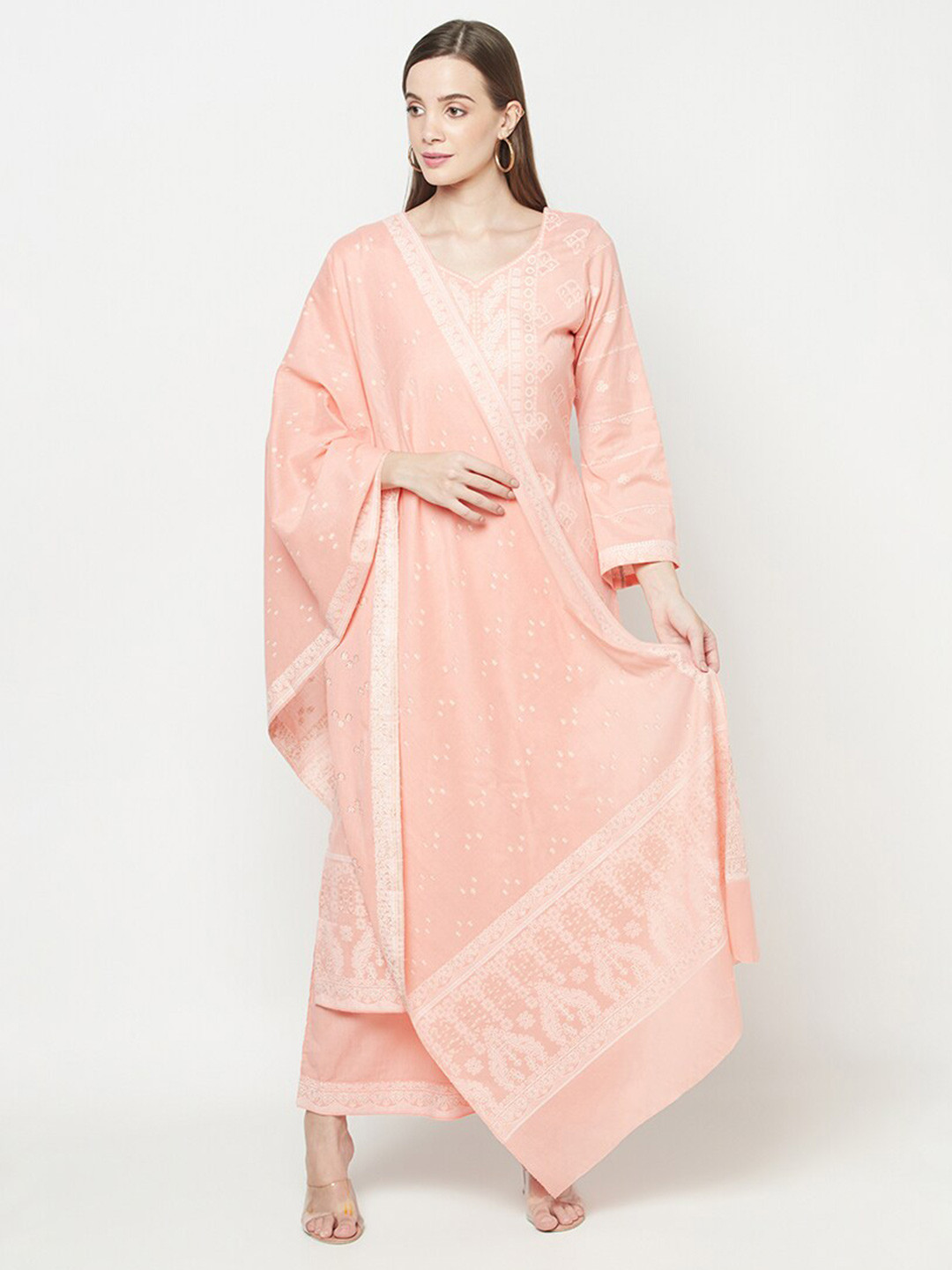 

Safaa Orange & White Unstitched Dress Material