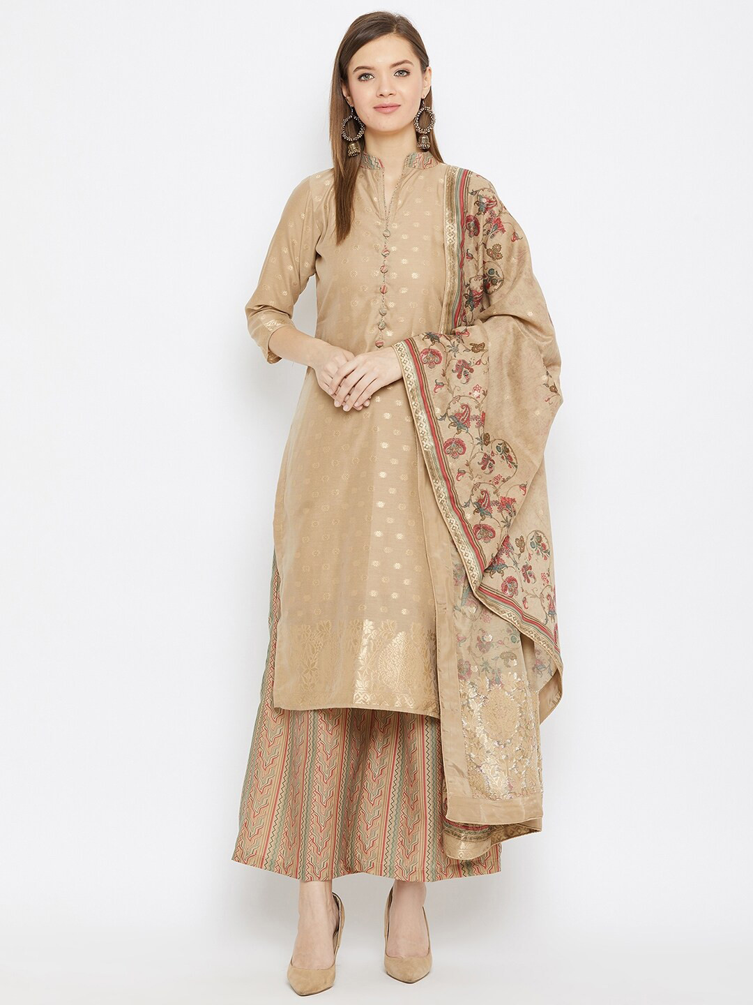 

Safaa Camel Brown & Red Banarasi Moonga Silk Unstitched Dress Material