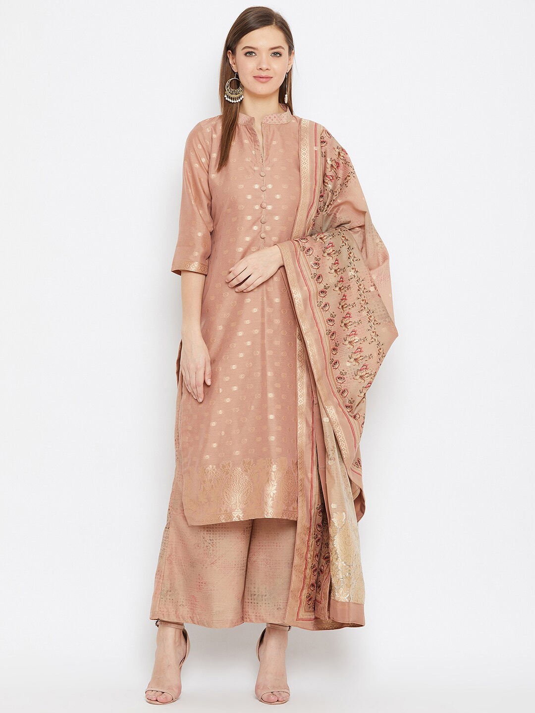 

Safaa Women Copper Brocade Unstitched Dress Material With Digital Print Dupatta