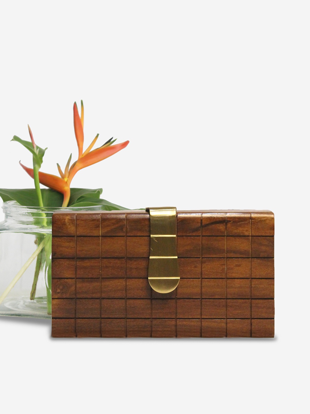 

Orbbaan Brown & Gold-Toned Checked Wooden Box Clutch