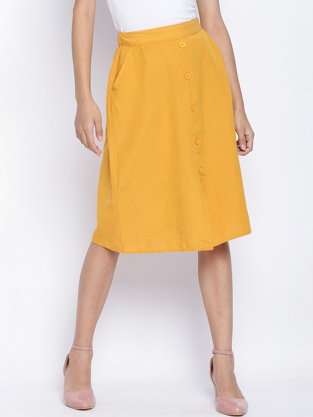 

Oxolloxo Women Mustard-Yellow Solid Cotton Knee-Length Skirt
