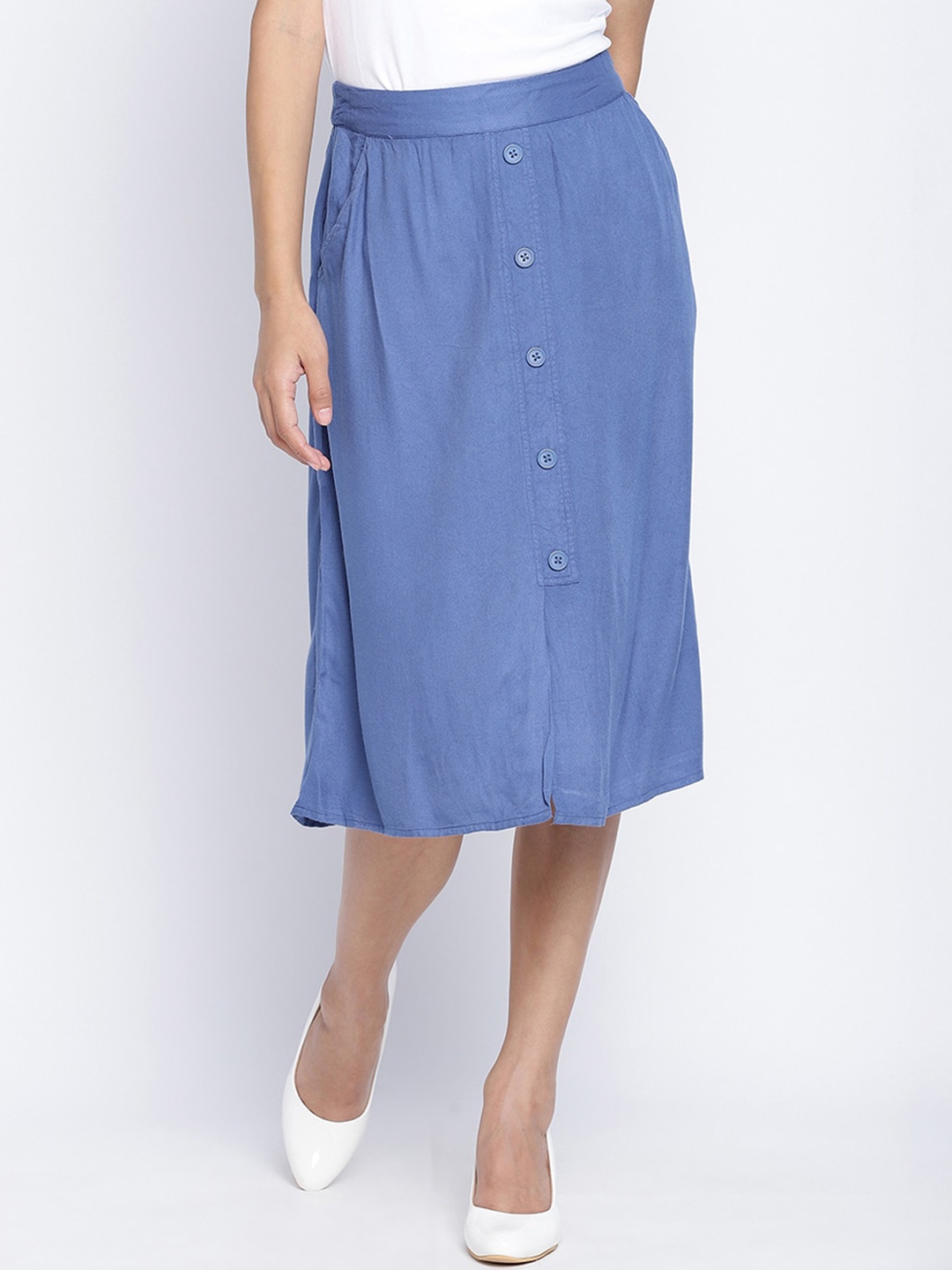 

Oxolloxo Women Blue Button Down Knee Length A-Line Skirt