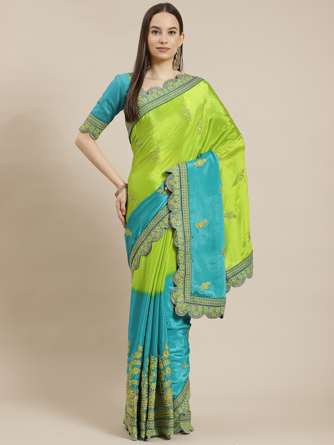 

MANOHARI Green & Turquoise Blue Ombre Zardozi Pure Chiffon Saree