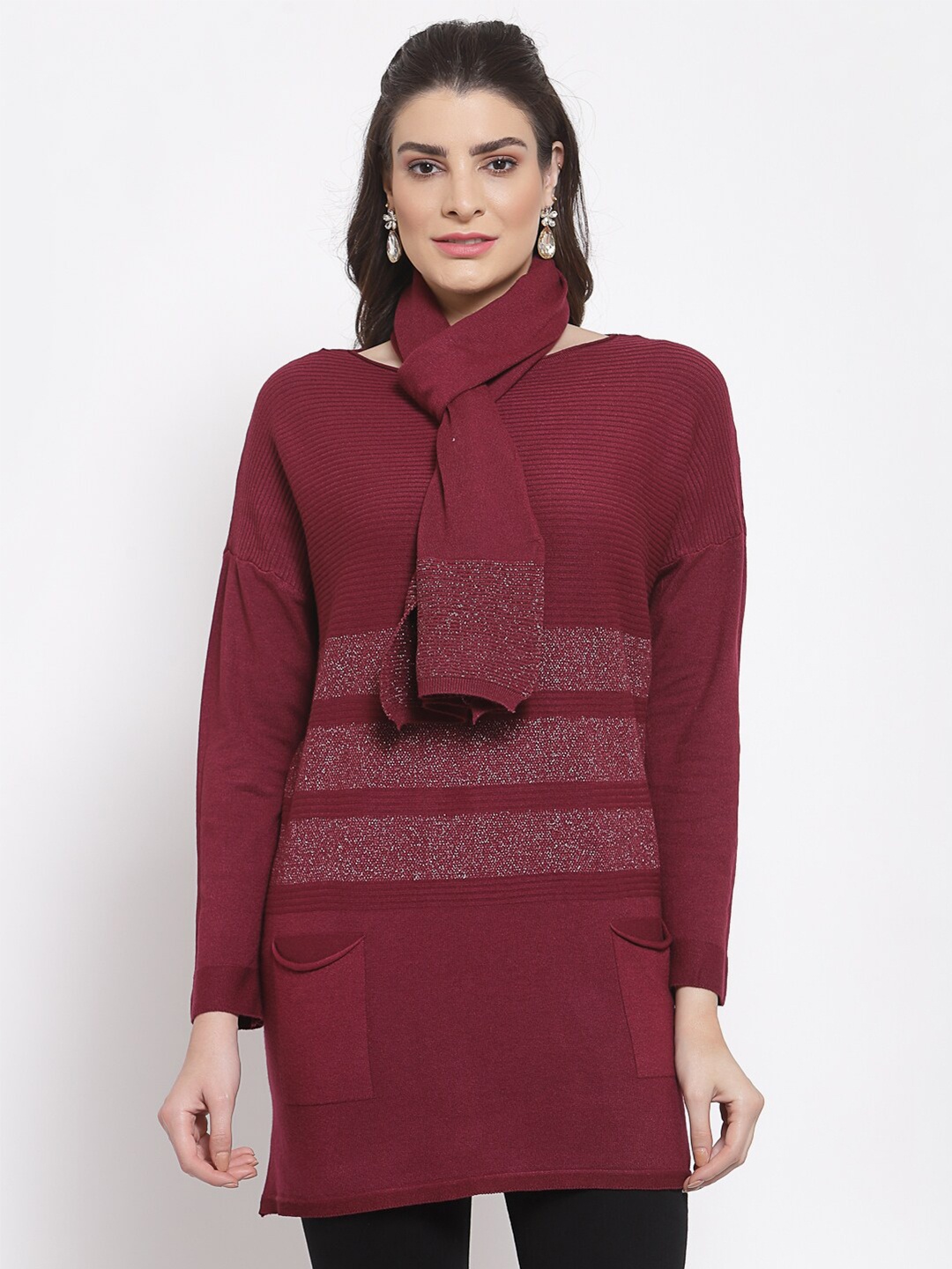 

Mafadeny Women Burgundy Colourblocked Longline Pullover With Muffler
