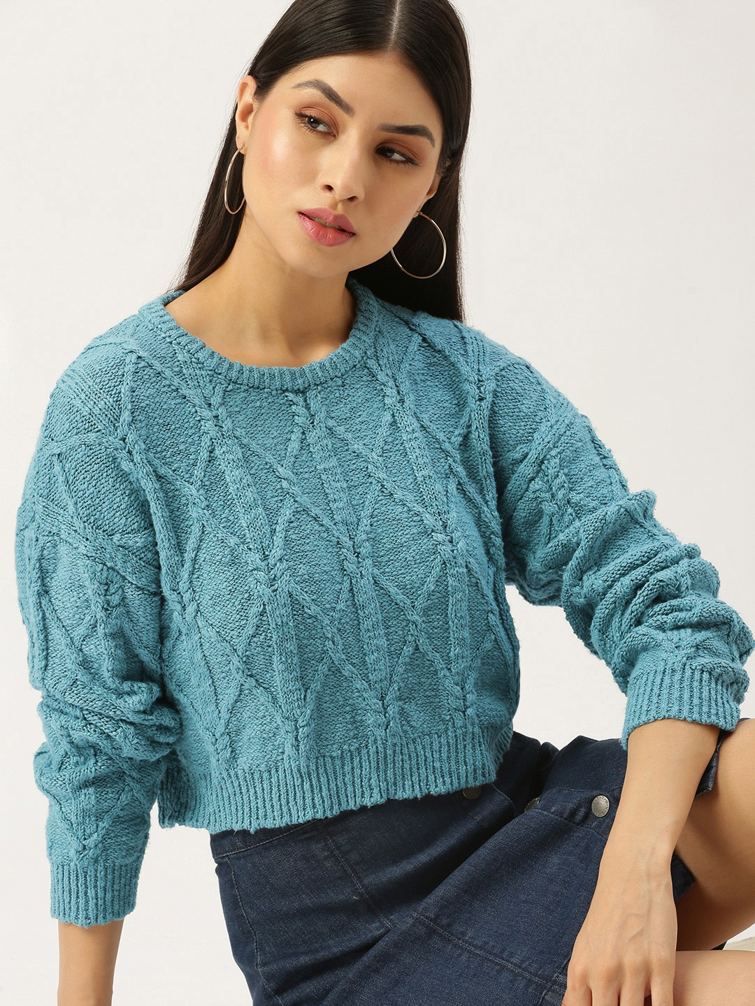 

FOREVER 21 Women Blue Cable Knit Crop Drop Shoulder Pullover