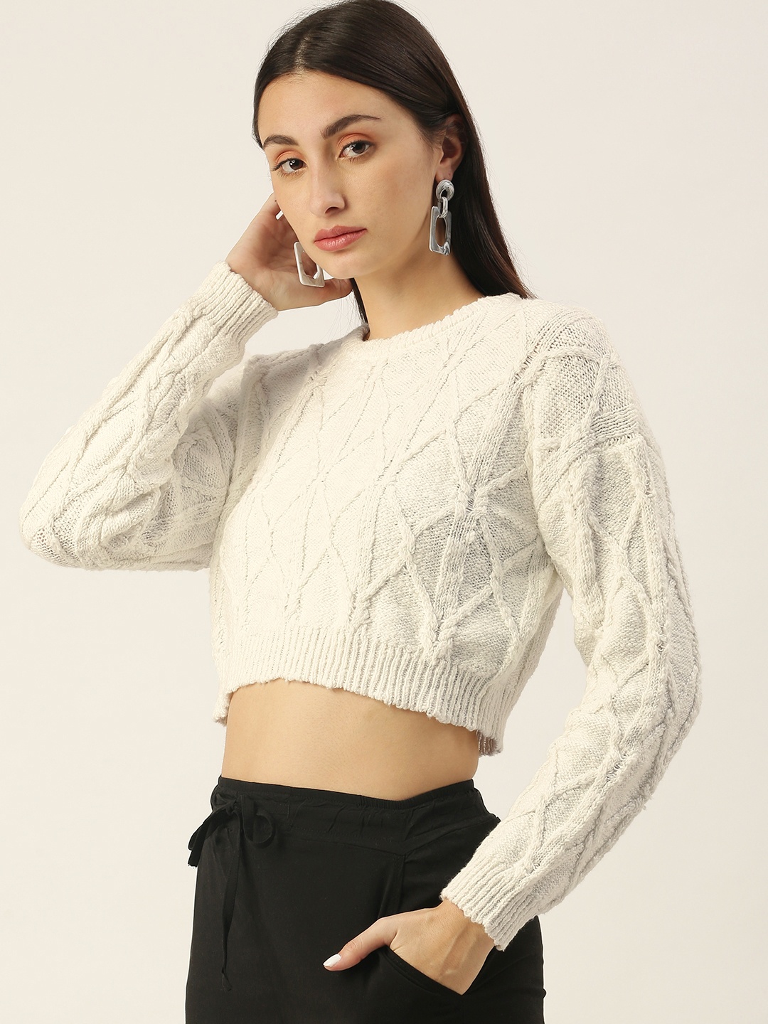 

FOREVER 21 Women Cream-Coloured Cropped Pullover